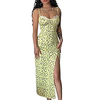 Women's Spaghetti Strap Floral Split Dress Sexy Sleeveless Going Out Cami Midi Dress Bodycon Party Club Dress