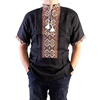 Vyshyvanka Mens Ukrainian Embroidered Shirt Handmade Black Brown Linen Short Sleeve 3XL