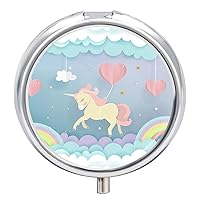 Round Pill Box Cloud Rainbow Horse Portable Pill Case Medicine Organizer Vitamin Holder Container with 3 Compartments
