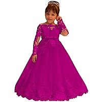 Lace Tulle Flower Girl Dress for Wedding Long Sleeve Princess Dresses Fuchsia Pageant Party Gown with Bow Size 5