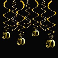 Aimto Gold 50 Party Swirl Birthday Decorations-Foil Ceiling Hanging Swirl for 50th Birthday Party Decorations 50th Anniversary - Pack of 20