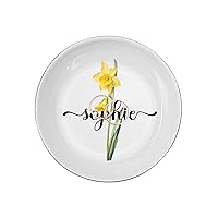 Birth Flower Decorative Plate with Name Customized Monogrammed Birthday Graduation Gifts for Daughter, Wife, Women Gold Decor Ring Dish, 4 Inch White