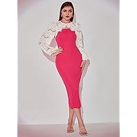 Summer Dresses for Women 2022 Contrast Lace Panel Cut Out Dress (Color : Hot Pink, Size : Medium)