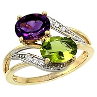 Silver City Jewelry 10K Yellow Gold Diamond Amethyst & Peridot 2-Stone Ring Oval 8x6mm, Sizes 5-10