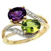 10K Yellow Gold Diamond Amethyst & Peridot 2-Stone Ring Oval 8x6mm, Sizes 5-10