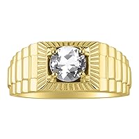 Rylos Men's Yellow Gold Plated Silver Gemstone Ring - Stunning 7MM Round Design, Birthstone Statement Piece for Men - Available in Sizes 8-13