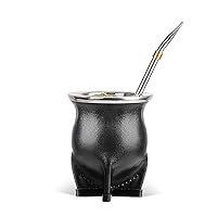 Ceramic Liner Yerba Mate Cup Argentina Gourd with Mate Bombilla Straw, Cleaning Brush (Black)