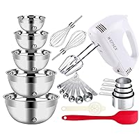 5-Speed Electric Hand Mixer, 5 Large Mixing Bowls Set, Handheld Mixers with Whisks Beater, Stainless Steel Metal Nesting Bowl Measuring Cups Spoons Kitchen Cake Blender for Baking Supplies