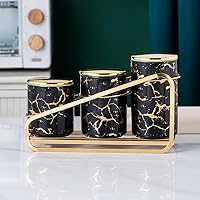 Ceramic Gold-Patterned Metal Canister Set for Kitchen Countertop - A Set of 3 Kitchen Canisters with Tiered Shelf, Airtight Countertop Flour and Sugar Containers, Coffee and Tea Storage (Black)