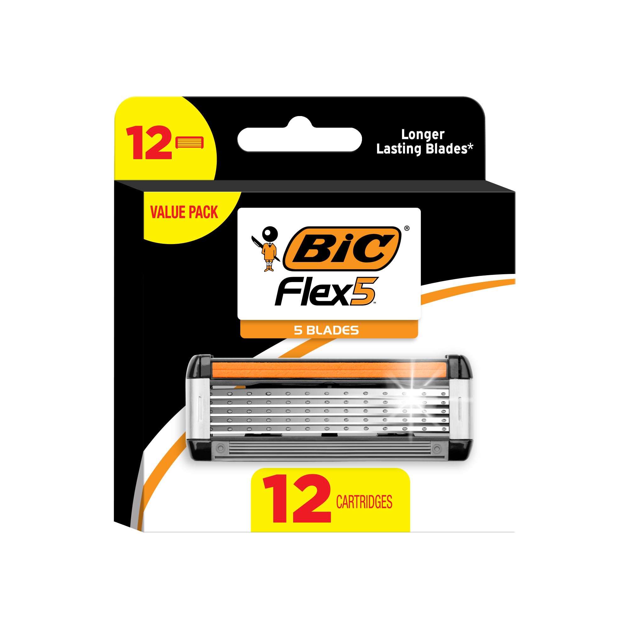 BIC Flex 5 Refillable Refill Razor Cartridges for Men, Long-Blade Razors for a Smooth and Comfortable Shave, 12 Refill Cartridges