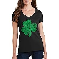 Threadrock Women's Distressed Green Shamrock V-Neck T-Shirt