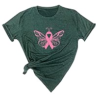 Breast Cancer Awareness Short Sleeve Tops for Women Pink Ribbon Butterfly Print T-Shirt Cure Hope Shirt Crewneck Tee