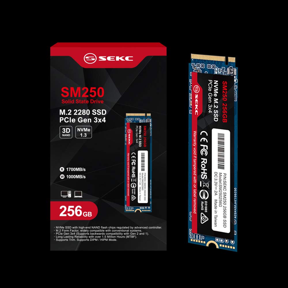 SEKC SM250256G 256GB NVMe M.2 2280 PCIe Gen 3x4, Solid State Drive R/W CDM Up to 1700/1000 MB/s, (Atto) Up to 3300/3100 MB/s, Internal SSD