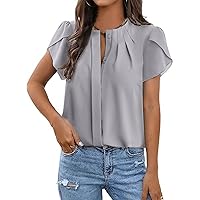 Dokotoo Womens Summer Tops Button Down Crew Neck Short Sleeve Shirts Business Casual Loose Work Chiffon Blouses
