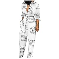 Womens Trendy Print Long Rompers Sexy V Neck Wide Leg Jumpsuits Dressy Slim Playsuit Long Sleeve Jumpsuit with Belt