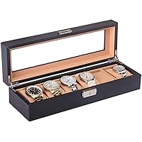 Wristwatch Box Organizer Handmade 6 Grid Watch Organiser Box with Top Glass Lid Display Made of Black Faux Leather Jewellery Bracelet Collections Carbon Fibre