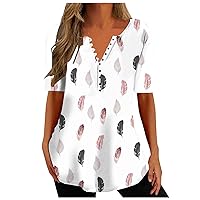 Women Loose Fit Tops Casual V Neck Blouses Short Sleeve Basic Tunic Top Button Up Henley T Shirt Fashion Tee