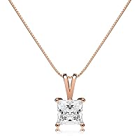 Everyday Elegance Solid 14K White, Yellow, Rose Gold Cubic Zirconia Solitaire Pendant Necklace for Women Heart, Princess, Round Cut 1 or 2 CTW |.60mm Thick 16