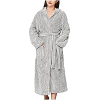 Bathrobe for Women Striped Print Long Hooded Plush Robes Flannel Sleepwear Mens and Womens Soft Kimono Robe Unisex Pajamas