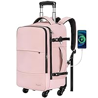 Taygeer Rolling Backpack for women, 17 inch Travel Laptop Backpack with Wheels & Shoe Pouch, Large Wheeled Backpack Carry on Luggage, Overnight College Work Suitcase Bag Roller Backpack Adult, Pink