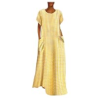 Dresses for Plus Size Women,Ladies Summer Long Short Sleeve Multicolor Plaid Pocket Dress Short Sleeve Swing Dr