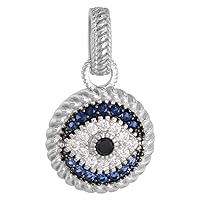 15mm Sterling Silver Evil Eye Necklace Pendant Micro Pave Synthetic Blue Sapphire & CZ 9/16 inch Available with or whithout chain