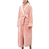 Women's Contrast Plush Soft Warm Fleece Nightwear Bathrobe with Belt Fashion Plaid Textured Lady Cozy Warm Long Robe