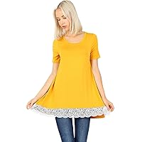 Womens Tops Short Sleeve Lace Trim Round Neck A-Line Casual Tunic Blouse Shirts