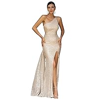 Women's Dress One Shoulder Side Draped Split Thigh Sequin Dress (Color : Silver, Size : Small)