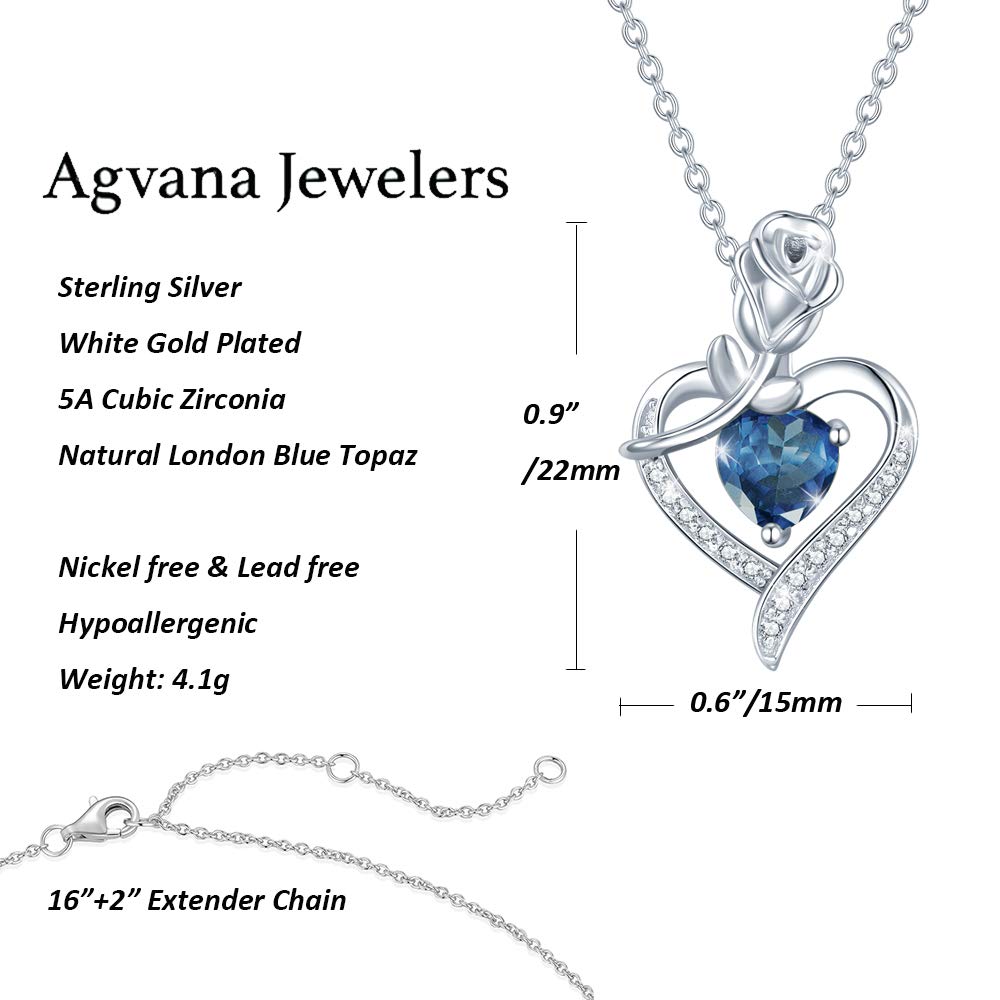 AGVANA Fine Jewelry Birthstone Necklace for Women Sterling Silver Genuine or Created Gemstone Rose Flower Heart Pendant Necklace Anniversary Birthday Gifts for Women Girls Mom Wife Lady Her