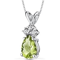 PEORA Solid 14K White Gold Peridot and Diamonds Pendant for Women, Genuine Gemstone Birthstone Teardrop Solitaire, Pear Shape, 7x5mm, 0.75 Carat total