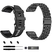 26mm Easy Fit Fenix 7X Pro 6X 5X Soft Silicone Sport Band with Fenix 7X Easy Fit Stainless Steel Metal Straps,Black