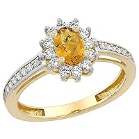 PIERA 14K Yellow Gold Natural Whisky Quartz Flower Halo Ring Oval 6x4mm Diamond Accents, sizes 5-10