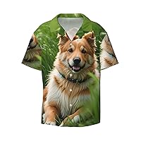 Dog in Grass Men's Summer Short-Sleeved Shirts, Casual Shirts, Loose Fit with Pockets