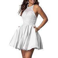 Woman's Halter Short Homecoming Dresses for Juniors Lace Appliques Cocktail Dresses with Pockets