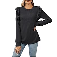 Long Sleeve Shirts for Women Casual Crewneck Ruffle Tops 2024 Fashion Loose Fit Fall Tshirt Plain Trendy Pullover Top