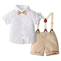 Toddler Boys Gentlemen Suit Short Sleeve Y-back Suspender Straps Clothes Suit Bow Tie Button Down Shirt 3Pcs