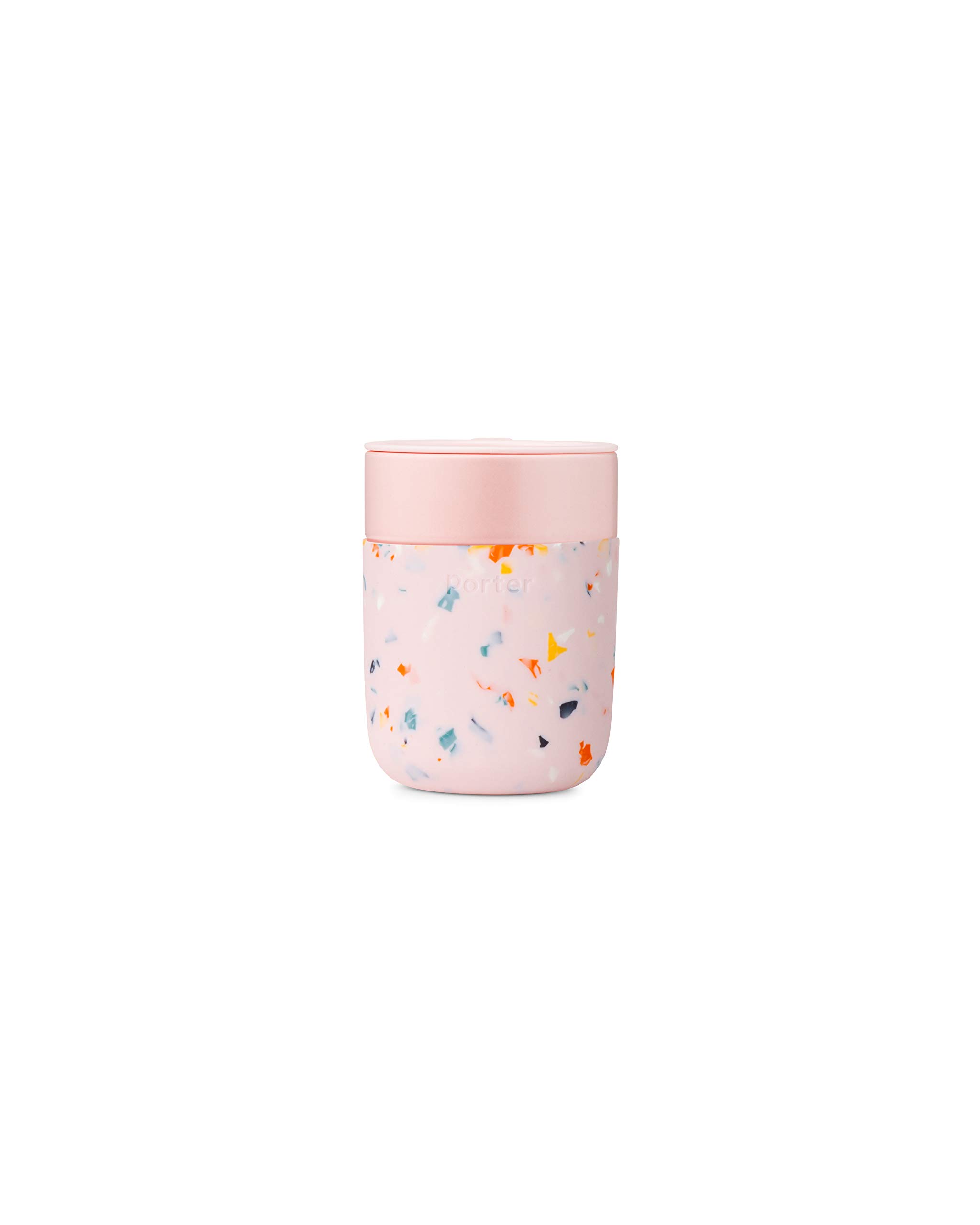 W&P Porter Travel Coffee Mug with Protective Silicone Sleeve, 16 Ounce Terrazzo Blush, Reusable Cup for Coffee or Tea, Portable Ceramic Mug with BPA-Free Press-Fit Lid, Dishwasher Safe, On-the-Go