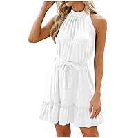 Women Summer Belted Halter Dresses Casual Sleeveless Ruffle Hem Swing Sundress Lace-Up Keyhole Back Solid Mini Dress