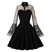 Women's Keyhole Butterfly Embroidery Dress Trumpet Sleeve Sheer Mesh Illusion Vintage Cocktail Swing Dress Ball Gown