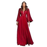 Women's Flared Sleeve V-Neck Party Prom Dresses Backless Pleated Maxi Dress Formal Evening Gowns