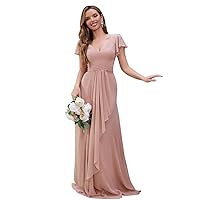 Leeskoot Women's V Neck Bridesmaid Dresses for Women 2024 Short Sleeves Chiffon Long A Line Wedding Evening Gown with Pockets