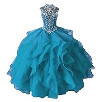 Women's Crystal Beaded Quinceanera Dresses High Neck Organza Ruffles Ball Gowns for Sweet 16