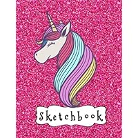 Sketchbook: Cute Unicorn On Pink Glitter Effect Background, Large Blank Sketchbook For Girls, 110 Pages, 8.5