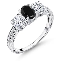 Gem Stone King 925 Sterling Silver 3-Stone Ring Oval Black Sapphire and Moissanite (2.22 Cttw)