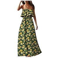 NP Women's Floral Prints Ruffle Hem Strapless Bohemian Floor-Length Dress