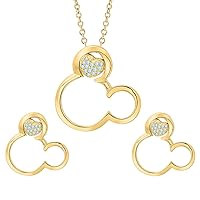 Fancy Love Heart Mickey Mouse Gemstone 14k Yellow Gold Over .925 Sterling Silver Earring Pendant Set for Women's