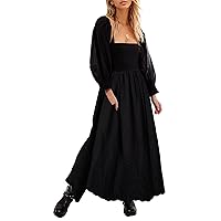 Women Casual Eyelet Embroidered Summer Maxi Long Dress Square Neck Lantern Long Sleeve A-line Loose Flowy Midi Dress