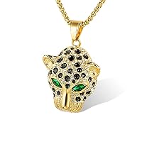 Hip Hop Stainless Steel Iced Out Black Enamel Spotted Leopard Head Pendant Green/Red CZ Eyes Animal Necklace for Men Women, 24 inch Chain