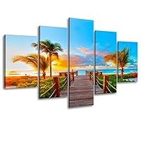 Tropical Beach Painting Decor, SZ 5 Piece Palm Tree Sunset Picture Canvas Wall Art, Ocean Canvas Prints for Living Room, Ready to Hang, 1